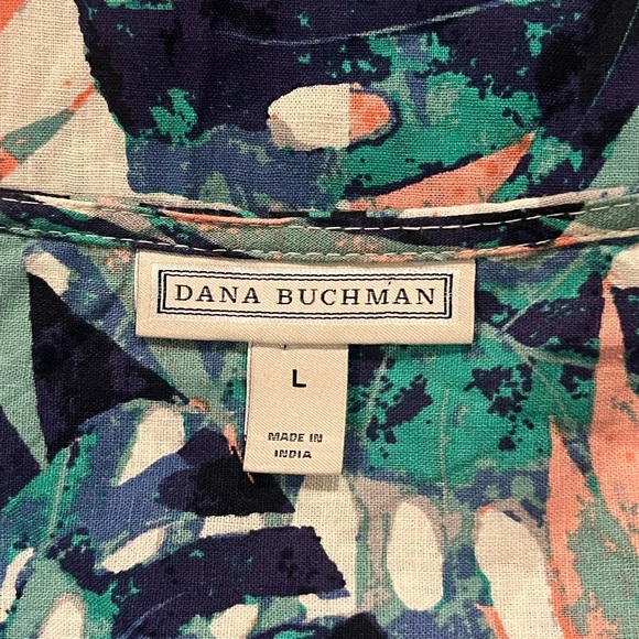 Dana Buchman Linen Blend Tropical Palm 3/4 Sleeve Zip Front Blouse - Picture 5 of 7